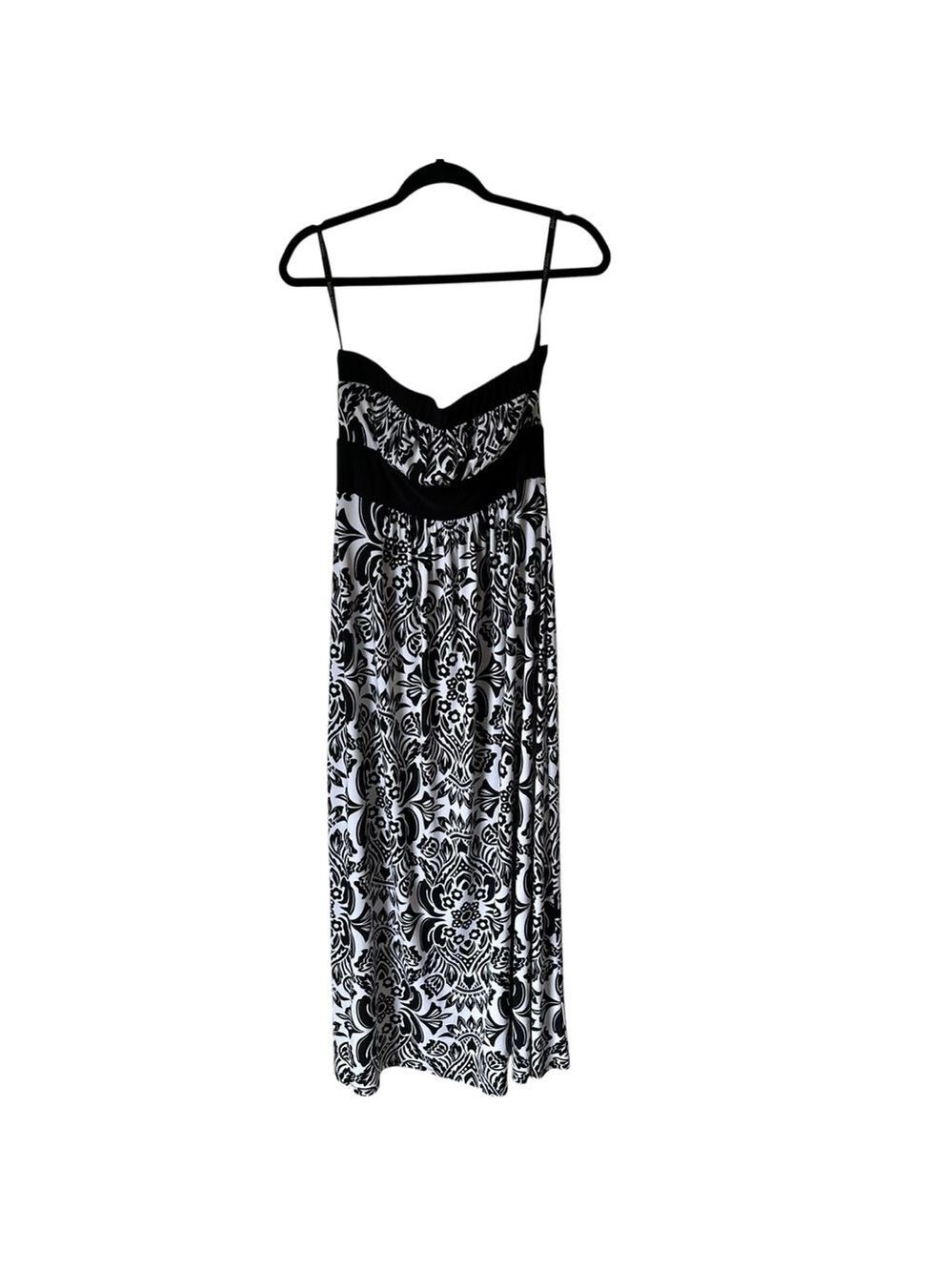 BISOU BISOU Black & White Strapless Bow Tie Damask Print Maxi Dress Size 10